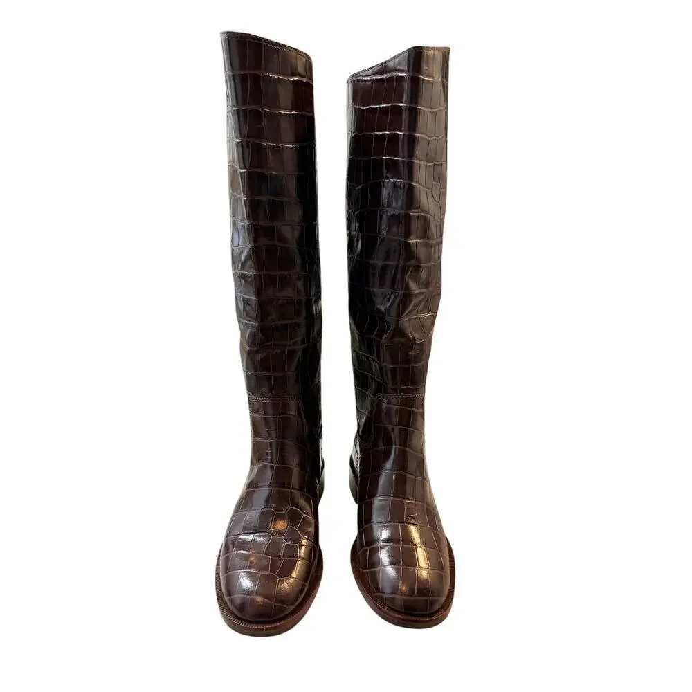Schutz Terrance Up Brown Croc Embossed Leather Boots Size 6 New
